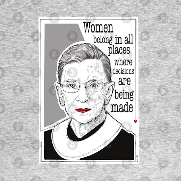 women belong in all places, ruth bader ginsburg portrait, feminist women rights quote and by weilertsen